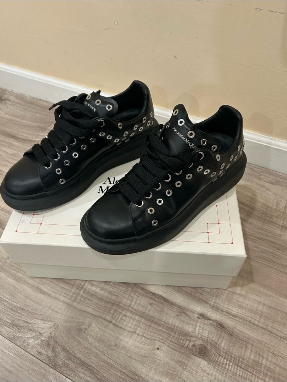 Alexander McQueen Black Leather Grommet Platform Sneakers